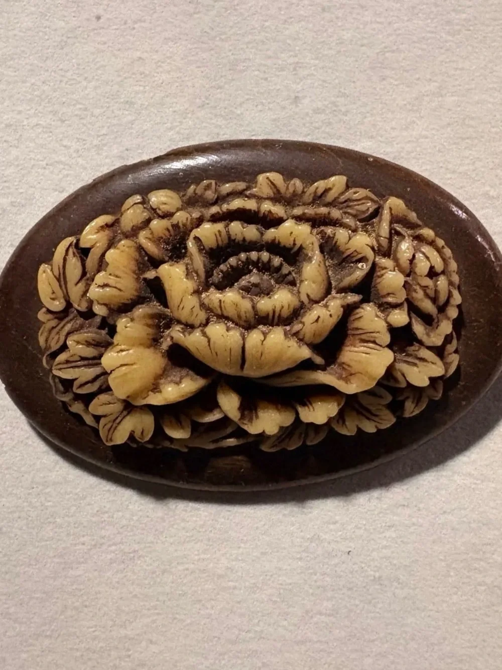 Carved Floral Oval Statement Brooch in Brown and Cream